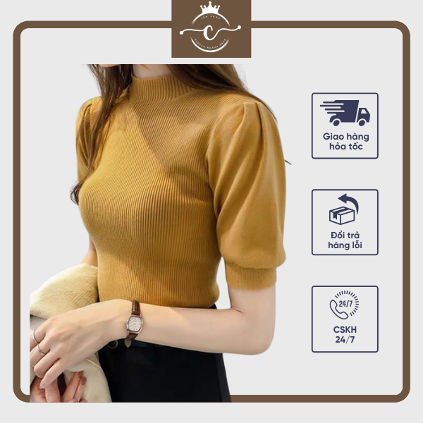 Sp18 áo len tăm áo len nữ tay bồng dáng hàn form ôm cao cổ mặc trong thanh lịch