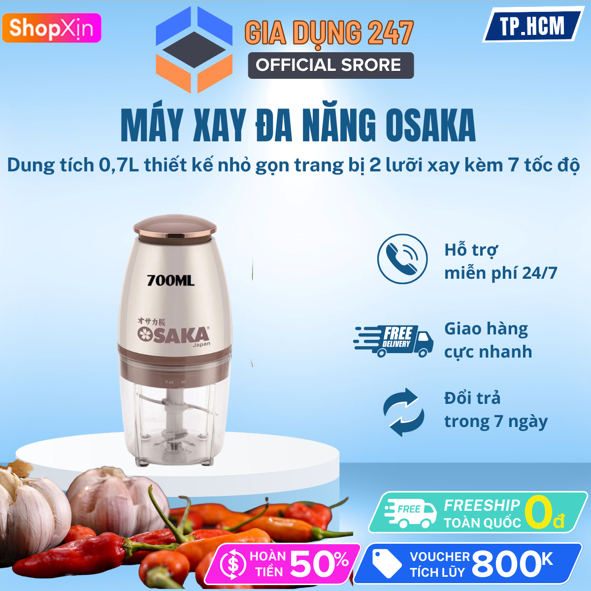 Máy Xay Osaka FP-126P công nghệ Nhật Bản, công suất 200W dung tích 0,7L thiết kế nhỏ gọn trang bị 2 lưỡi xay kèm 7 tốc độ xay cực nhuyễn. máy xay đa năng, máy xay da năng, máy xay, máy xay thịt đa năng, máy xay thịt, máy xay