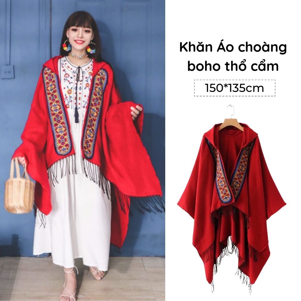 Áo choàng boho thổ cẩm mùa đông cho nữ, phong cách du mục, viền thêu họa tiết, chất dày và ấm, thiết kế choàng không có tay và có mũ - Mã LE03