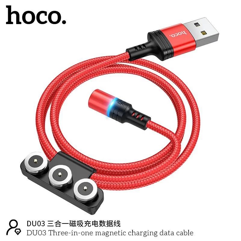 Cáp sạc đầu hít nam châm Hoco DU03 3 in 1   Lightning Micro Type-c  ,sạc nhanh 2A,dài 1m đầu sạc từ tính dễ dàng sử dụng 