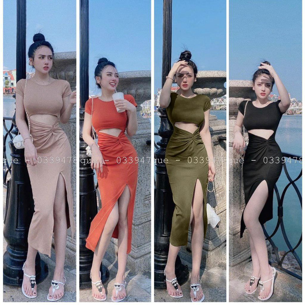 Đầm body tay ngắn hở eo xoắn bên xẻ tà cực sexy , chất thun gân mềm mịn