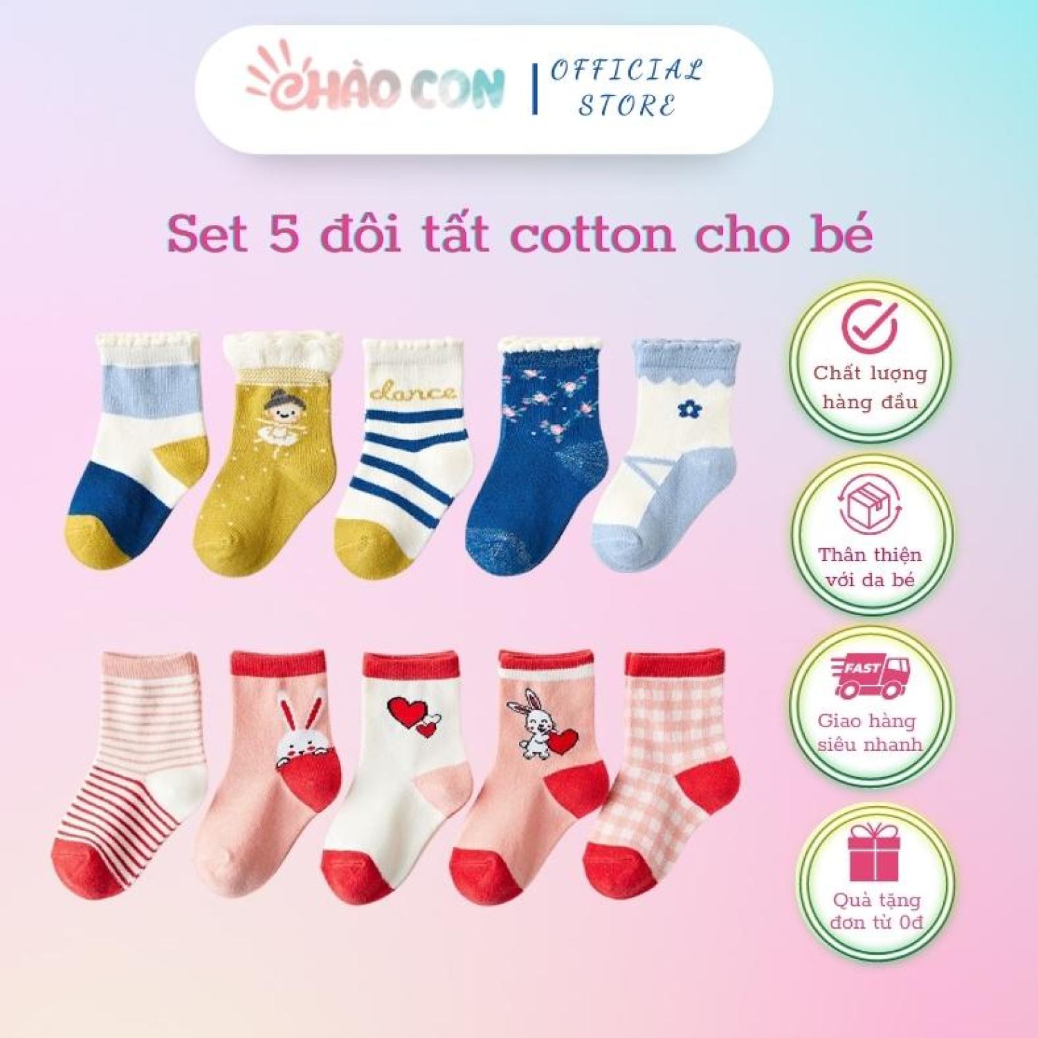 Chào Con- Set 5 đôi tất chất liệu cotton dành cho bé từ 1-5 tuổi.