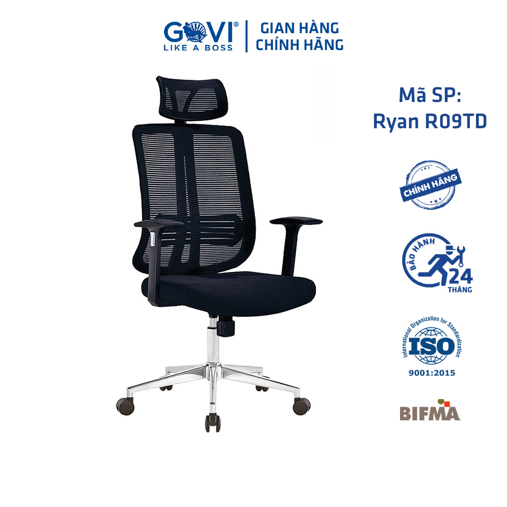 Ghế xoay văn phòng công thái học GOVI Ryan R09TD - Thiết kế tựa đầu điều chỉnh độ cao, tựa tay cố định, mâm ghế có ngả sau và khoá ngả