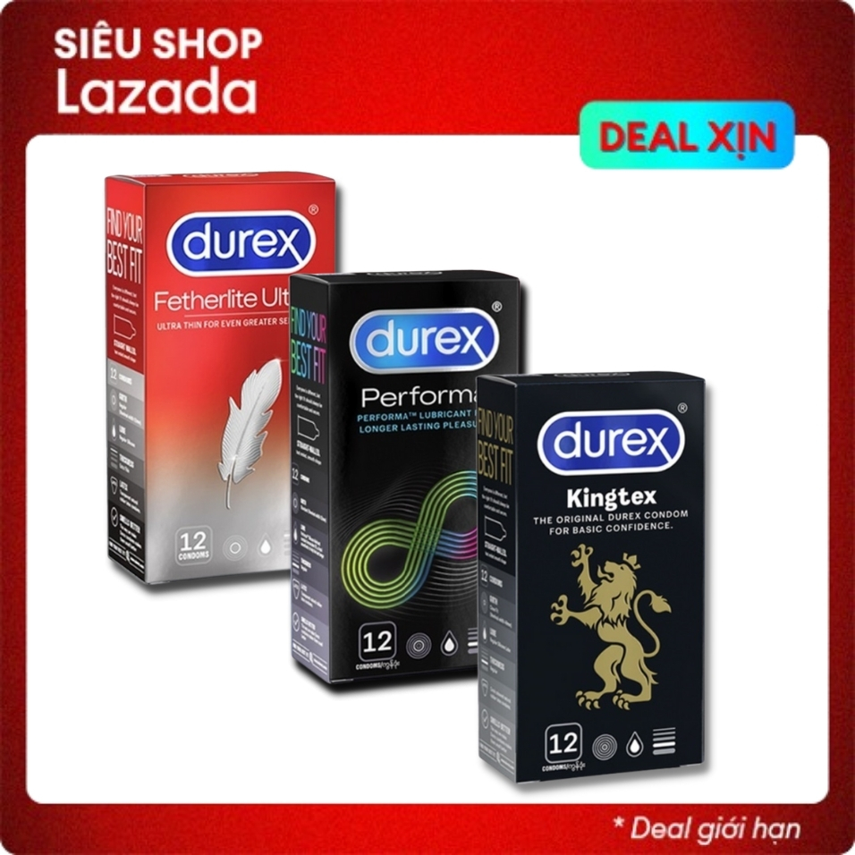 (3 hộp) bao cao su durex ultima siêu mỏng + kingtex size cỡ nhỏ + performa kéo dài thời gian quan hệ