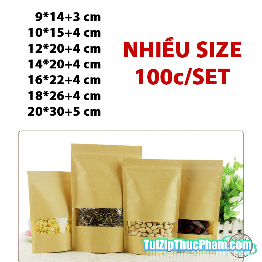 100 cái túi zip thực phẩm MIS nhiều kích thước, Túi giấy zip kraft vàng có cửa sổ tràn viền đáy đứng, túi zipper giấy đựng thực phẩm chất lượng cao