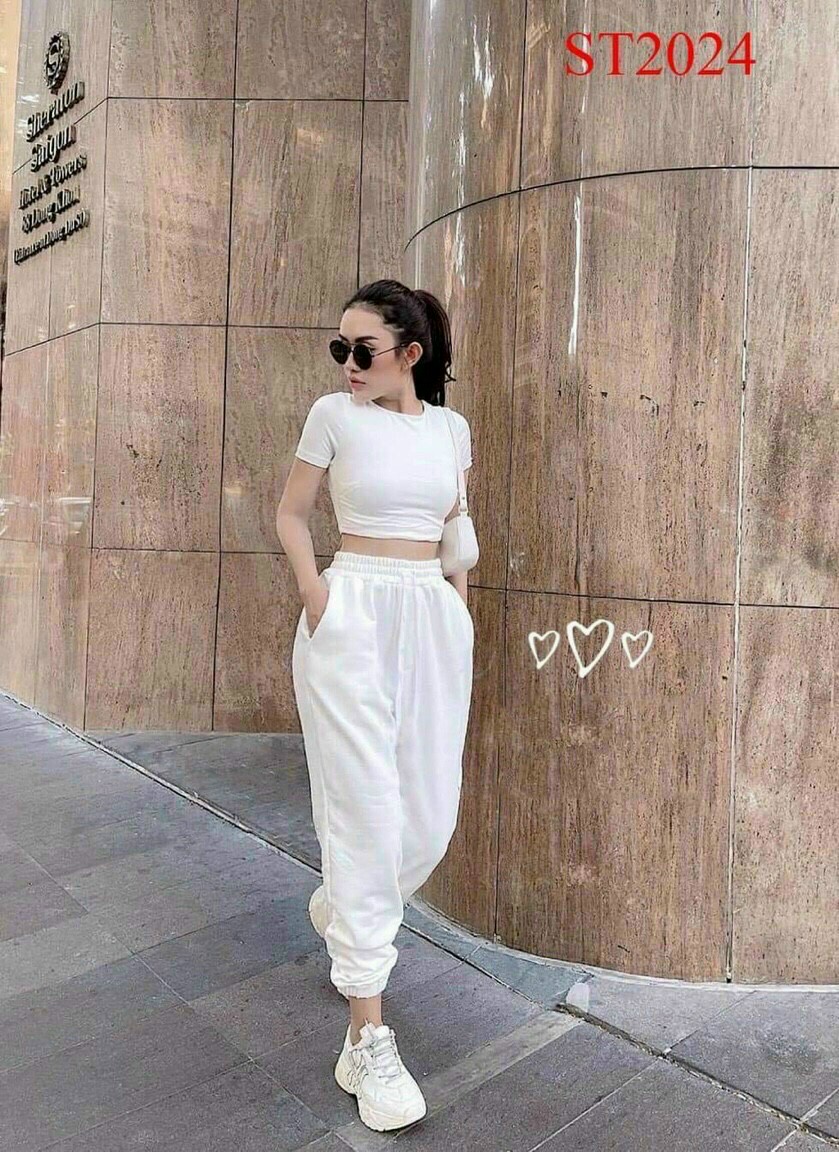 Set bộ nữ áo croptop tay ngắn kèm quần dài body #setbonu