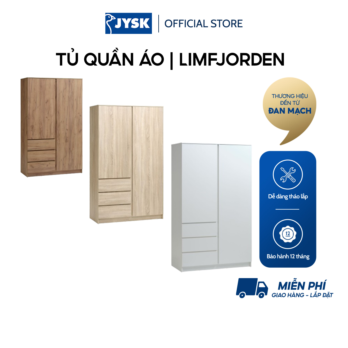 Tủ quần áo JYSK Limfjorden gỗ công nghiệp màu sồi trắng R120xS58xC200cm