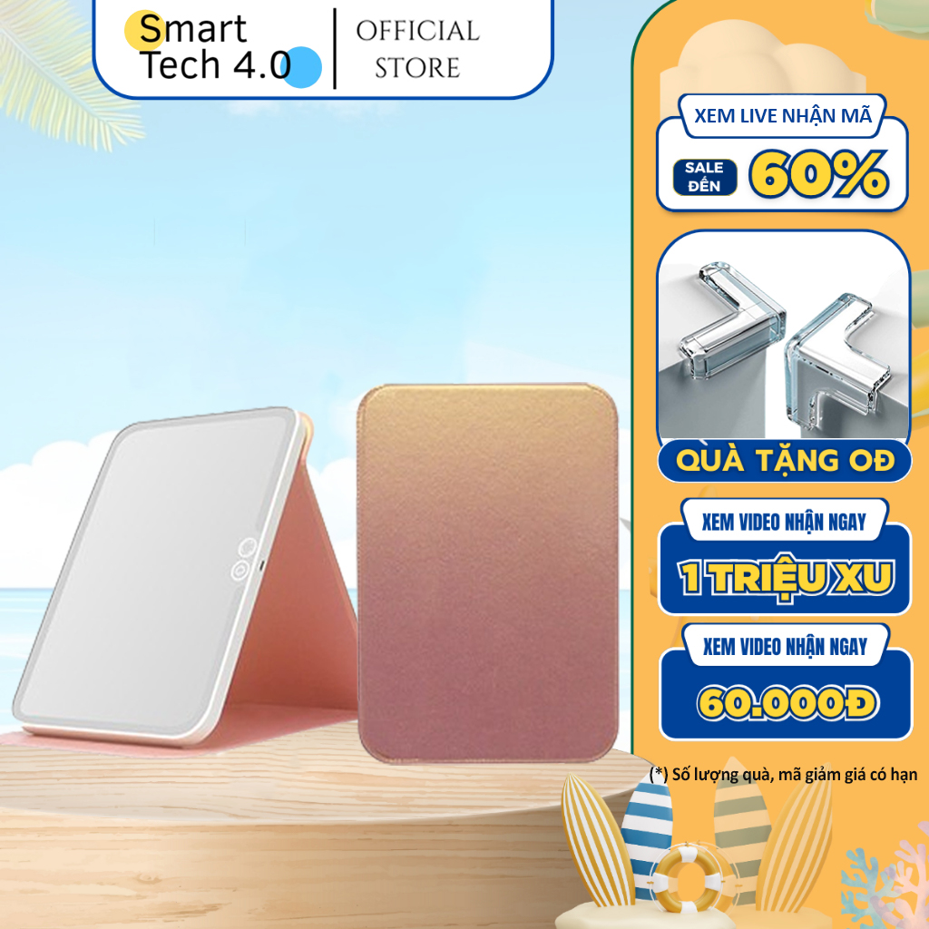 Gương trang điểm để bàn có đèn led - gương để bàn có đèn cảm ứng 3 chế độ ánh sáng, điều chỉnh độ sáng thông minh - gương trang điểm gấp gọn hình quyển sách, bao da chống sốc - smarttech 4.0