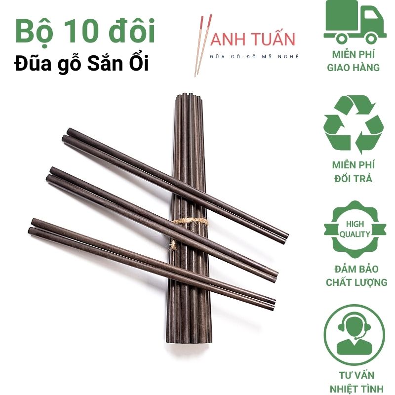 Bộ 10 đôi đũa ăn cơm cao cấp đũa gỗ SẮN ỔI, đũa đẹp tự nhiên không hoá chất, không cong vênh, chống mốc, kháng khuẩn
