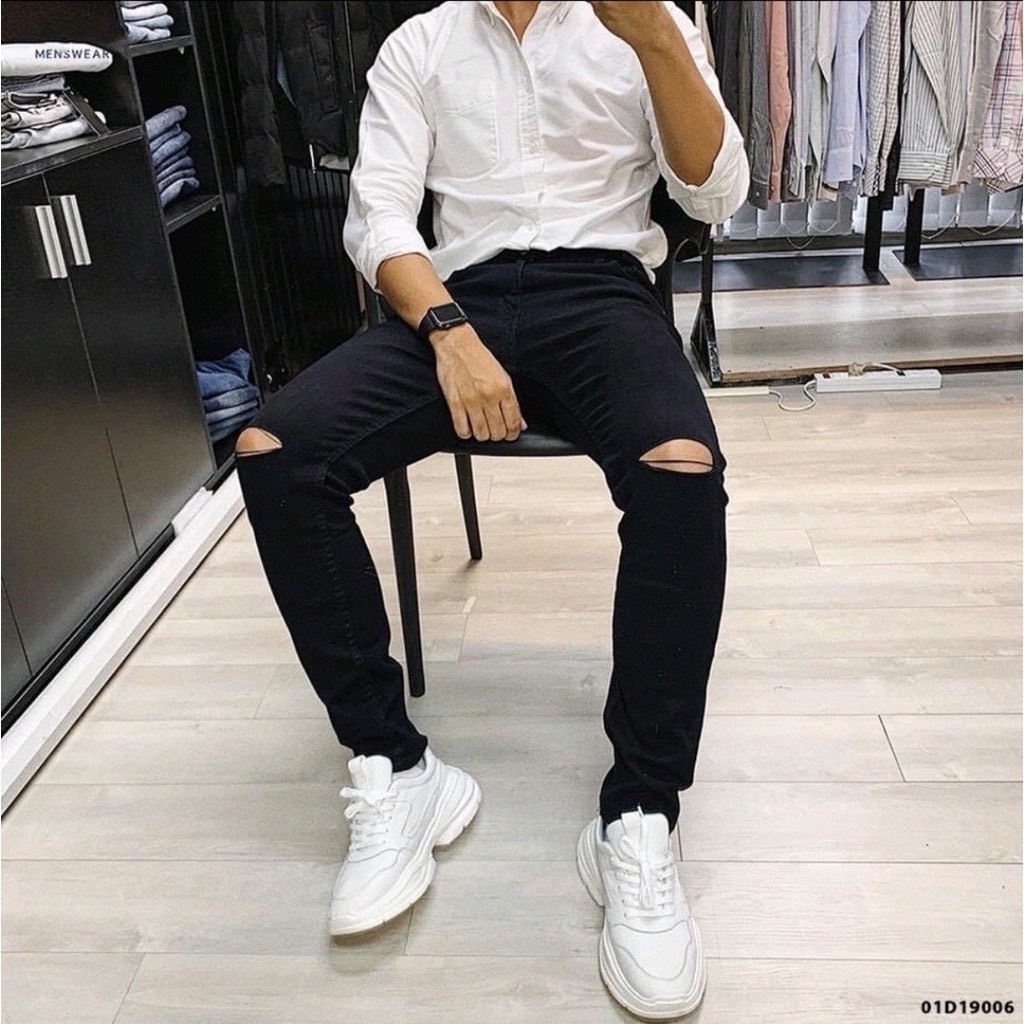 Quần Jean Nam ĐEN RÁCH GỐI BASIC (Có Size Đại) - Quần Jeans Nam Thời Trang Phong Cách Đơn Giản - MS01R