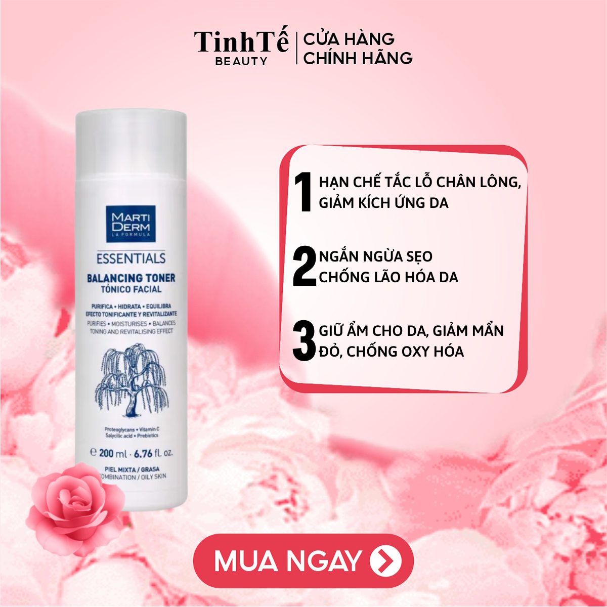 Nước Cân Bằng Làm Sạch Chứa BHA & Prebiotics dành cho da dầu đến da hỗn hợp - MartiDerm Essentials Balancing Toner 200ml