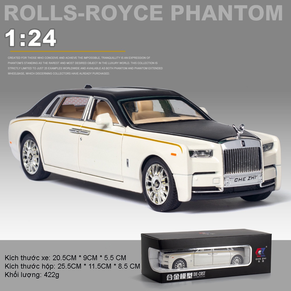 MÔ HÌNH tĩnh đồ chơi XE Ô TÔ Rolls Royce Phantom VIII tỉ lệ 1:24 Chezhi đúc kim loại, có đèn xe, âm thanh, nắp capo và cốp sau
