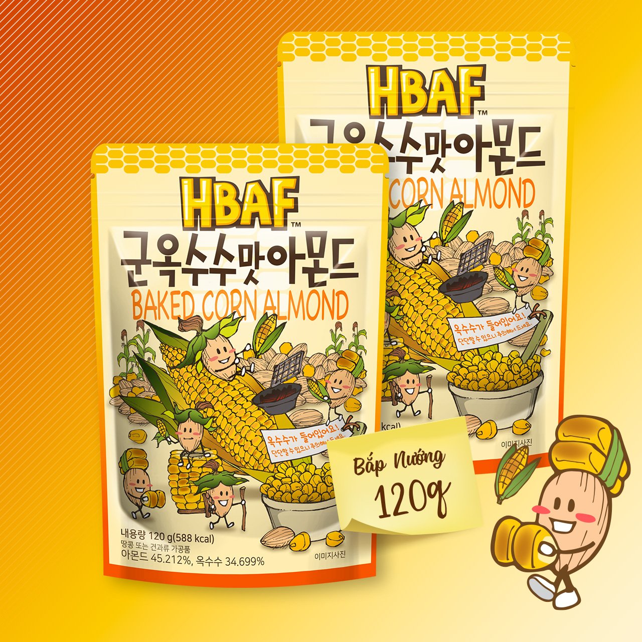Hạt hạnh nhân mix bắp nướng hbaf 120g hàn quốc