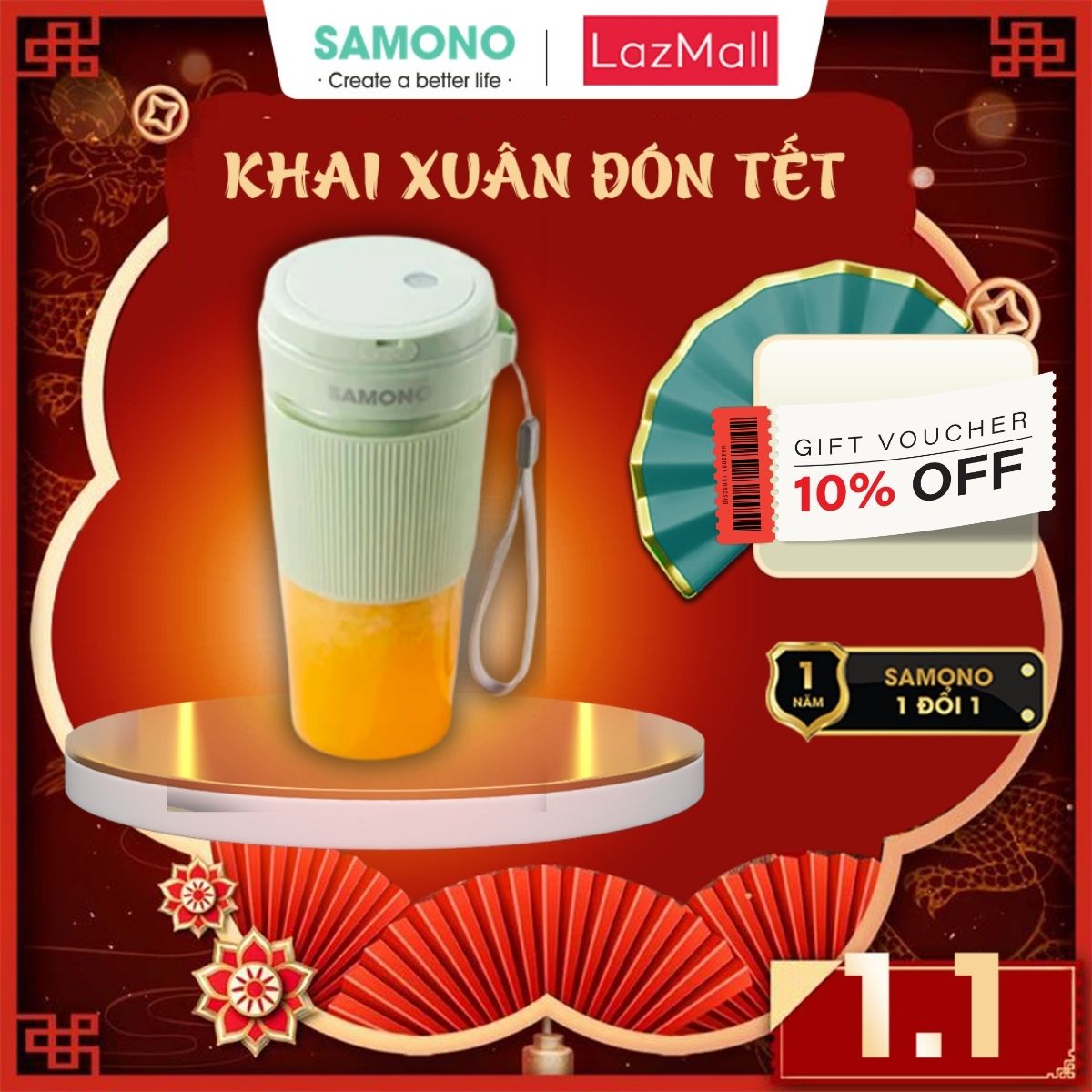 (BH 1 Năm)Samono Máy xay sinh tố cầm tay 350ml, thiết kế gọn nhẹ dễ mang theo, 6 lưỡi dao pin lâu dài SW-Y9