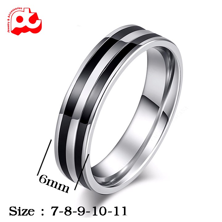 Nhẫn nam inox thời trang kiểu 2 sọc đen bảng 6mm shopquare màu đen trắng cách điệu thép không gỉ ABNNA14