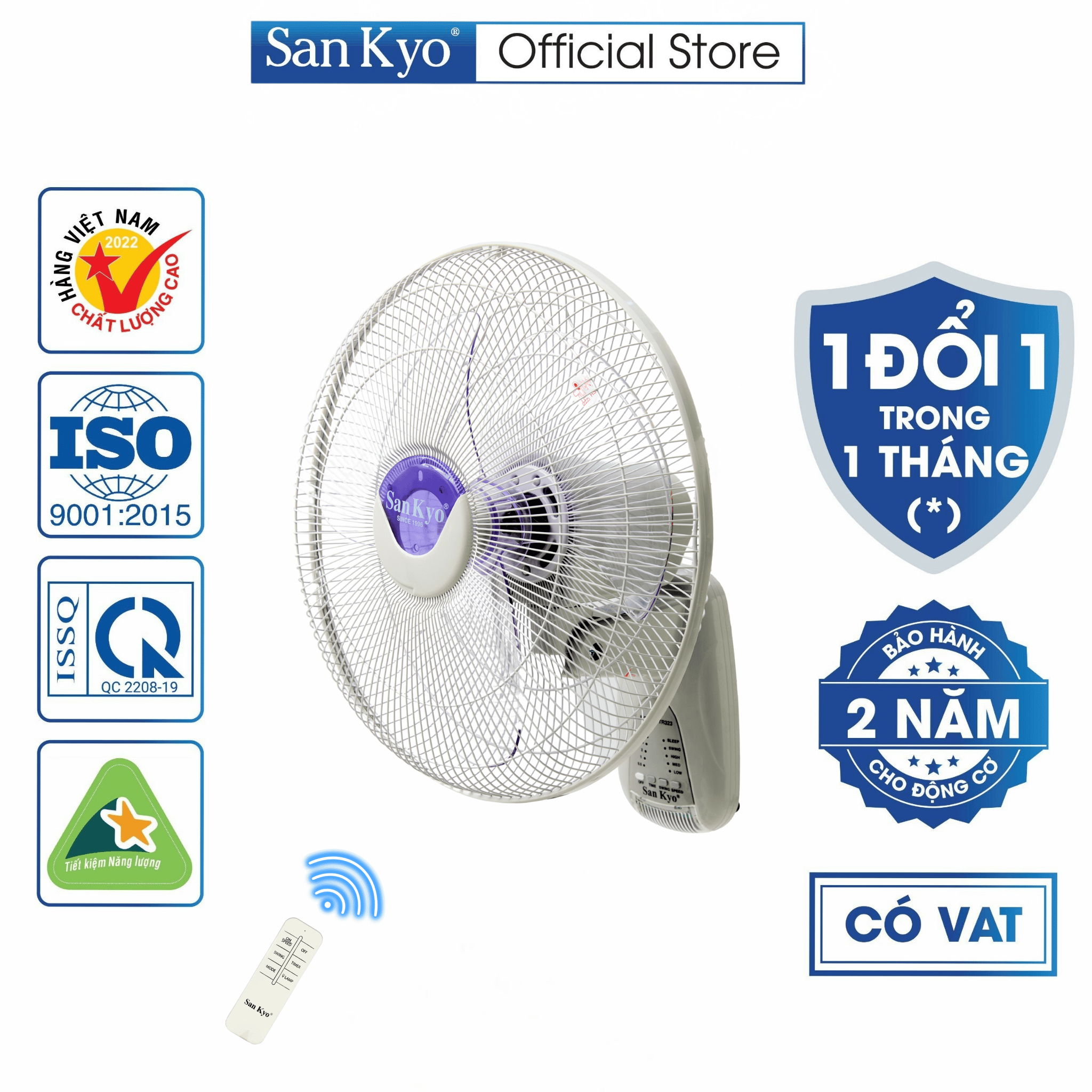 Quạt Treo Tường Remote Sankyo - Động Cơ Motor Dây Đồng - Điều Khiển Từ Xa - Hẹn Giờ - Đèn LED - Cỡ Lớn 16 Inch