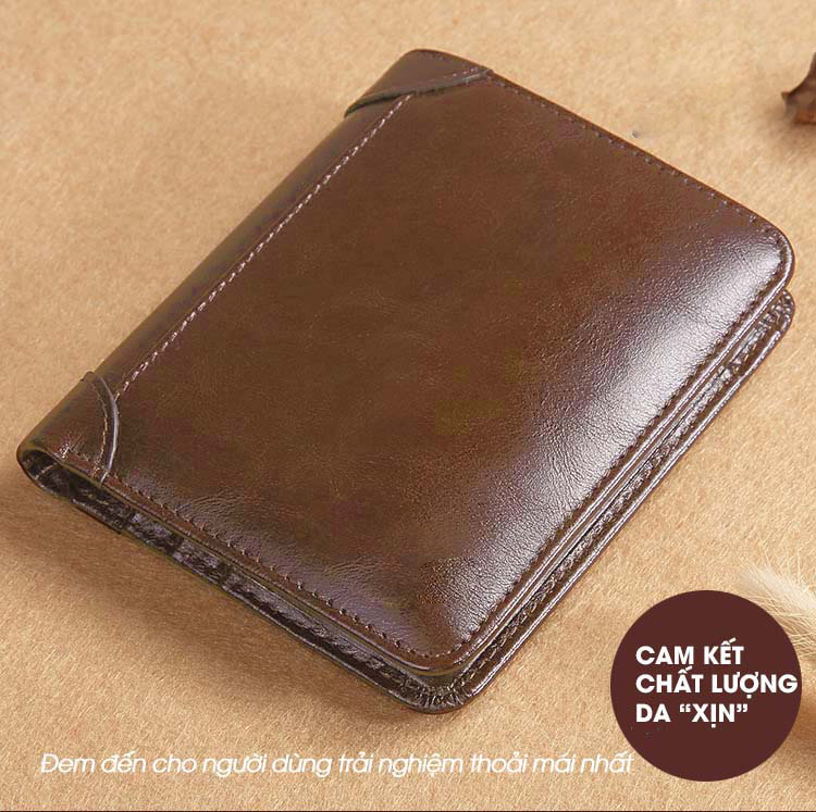 Ví Da Nam Bóp Da Nam DySeven Chất Liệu Da Bò Dáng Đứng Màu Nâu Bóng