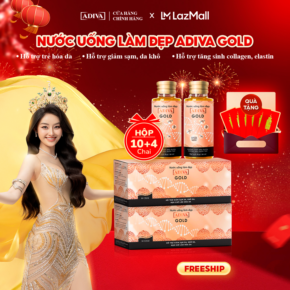  Combo 2 Hộp Nước Uống Làm Đẹp Collagen ADIVA Gold -Giúp Da Giảm Nếp Nhăn Và Chống Lão Hóa 