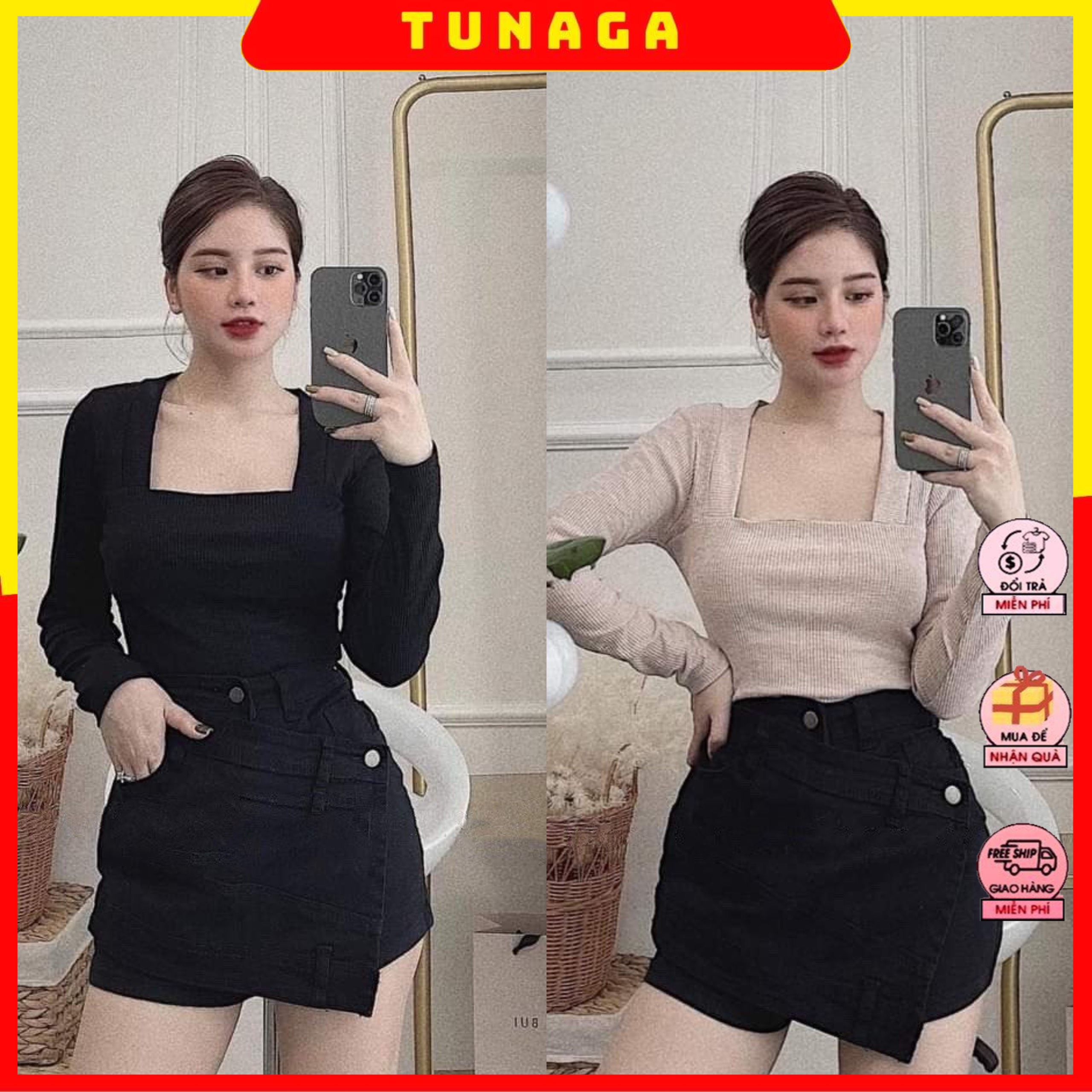 [ÁO KIỂU] Áo Thun Tăm Nữ Tay Dài Cổ Vuông-Áo Nữ Cotton Ôm Body Mix Chân Váy Quần Siêu Xinh
