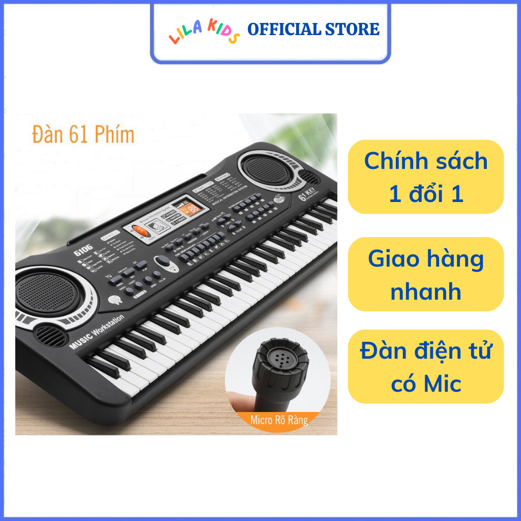 Đàn piano điện tử 61 phím - Đàn điện organ + Tặng Kèm Sạc Và Mic Cho Bé Học đàn - Hàng Cao Cấp