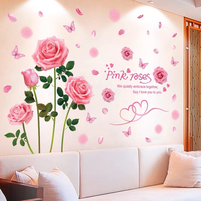 Decal dán tường hoa hồng phấn trang trí phòng ngủ