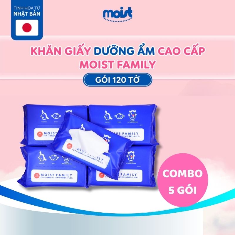 [VOUCHER 30%] Combo 5 Khăn giấy Moist Family 120 tờ, 2 lớp