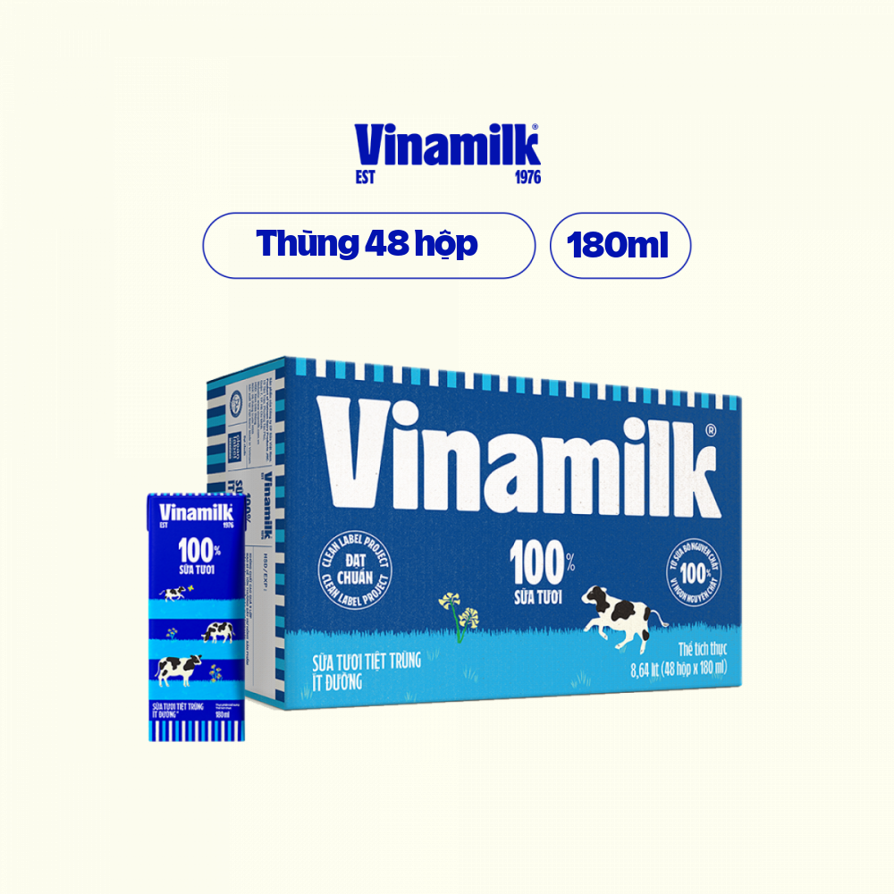 Thùng 48 Hộp Sữa tươi tiệt trùng Vinamilk 100 Ít Đường 180ml