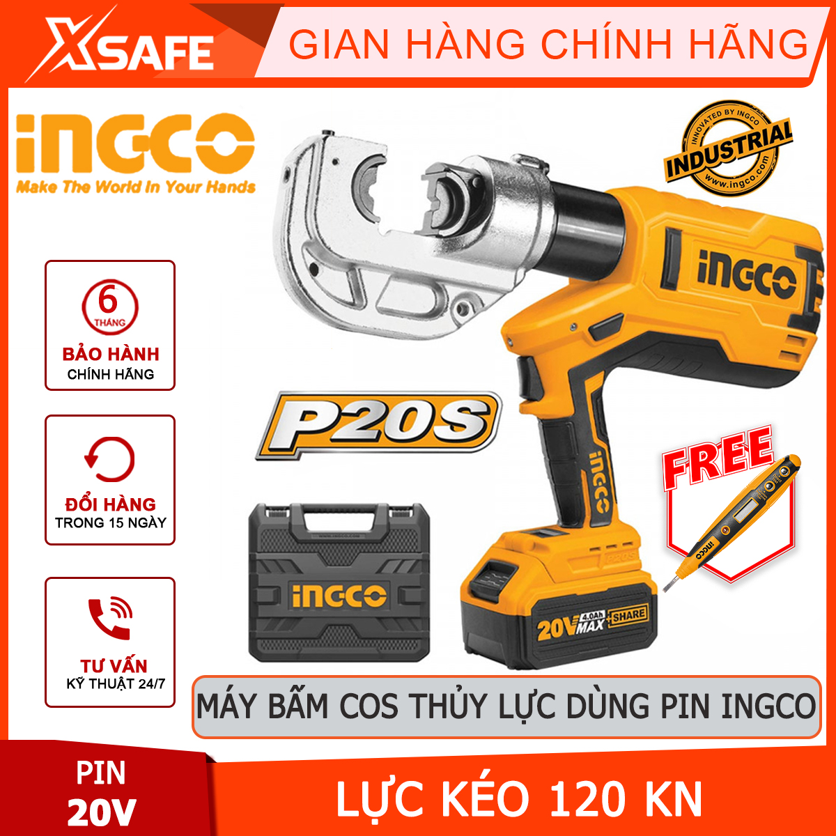 Máy ép cos thủy lực siêu nhẹ dùng pin INGCO CTLI2002 Máy bấm cos thủy lực 20V Phạm vi uốn 16400mm Lực uốn 120KN giây kìm ép cốt kìm bấm đầu cos ép chặt đầu cos với dây điện