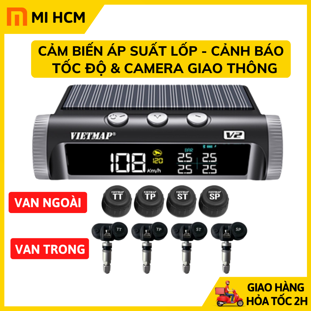 Cảm biến áp suất lốp VIETMAP V2 gồm cảm biến gắng ngoài và cảm biến gắn trong tích hợp Cảnh báo tốc độ & Camera Giao thông - Hàng chính hãng