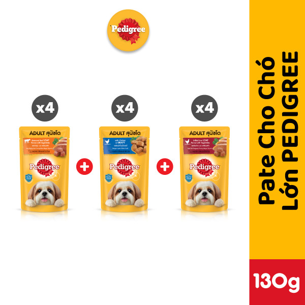 PEDIGREE® thức ăn cho chó lớn dạng sốt  pate chó  mix 3 vị 130g - Bò hầm rau củ  4 gói  & Gà nấu sốt  4 gói  & Gan nướng  4 gói  