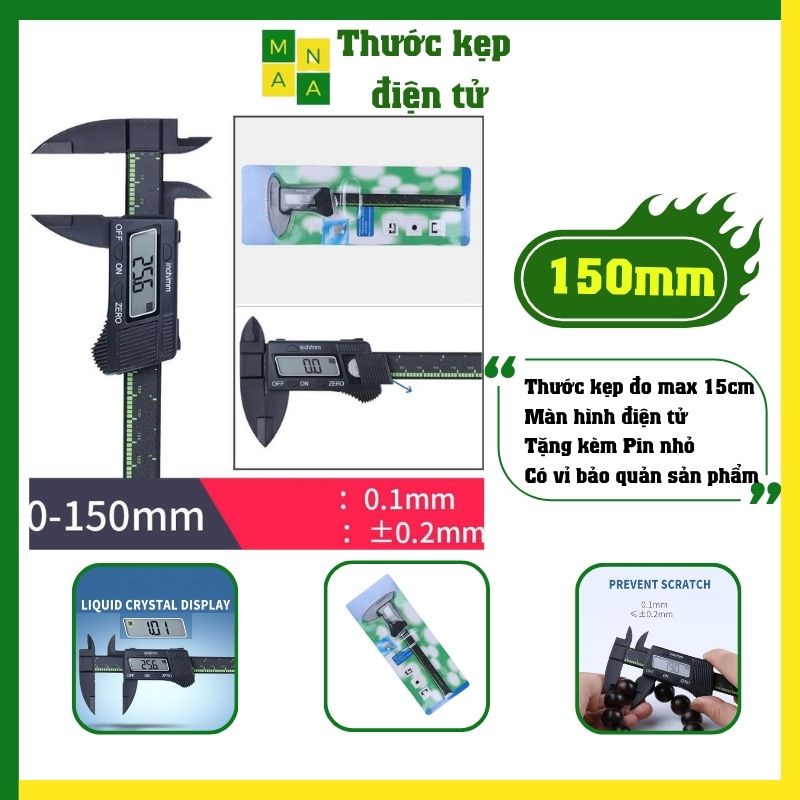 Thước kẹp điện tử 150mm nhựa kèm pin thước cặp điện tử thước đo ly chuân xác cao