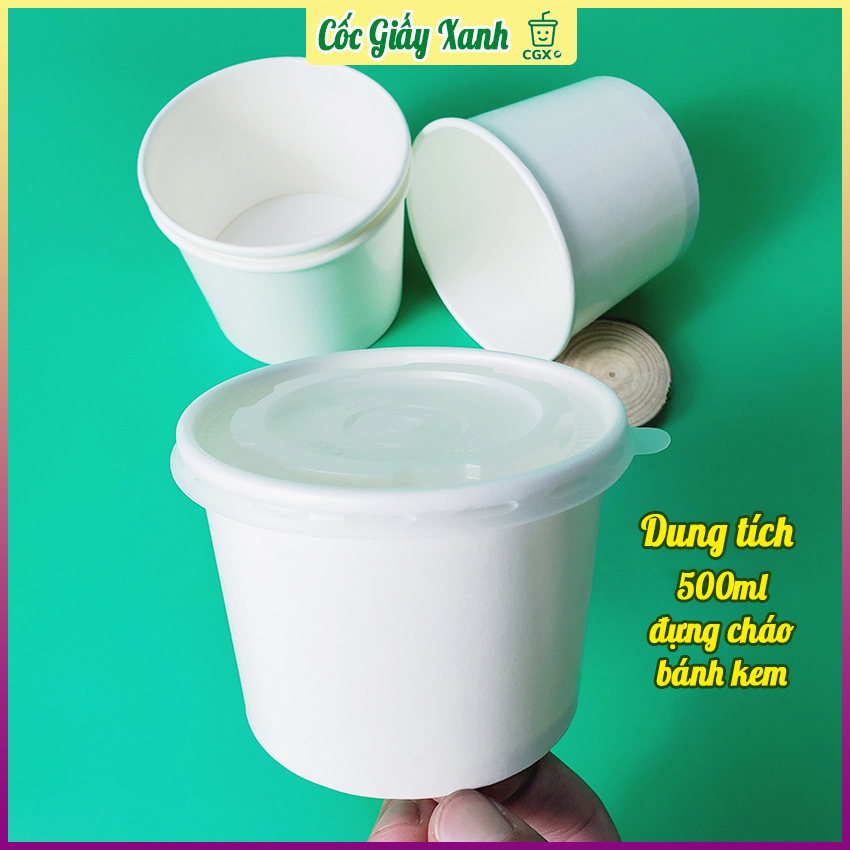 50 tô bát giấy 500ml có nắp dùng 1 lần đựng cháo dinh dưỡng, xôi, mì phở