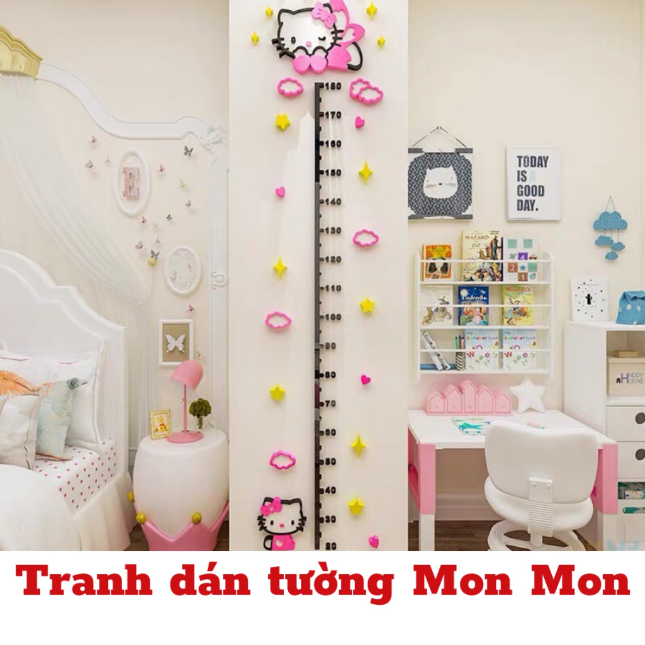 Tranh dán tường Mon Mon - Decal mica đo chiều cao cho bé hình hello kitty hồng dễ thương, trang trí cho phòng bé gái