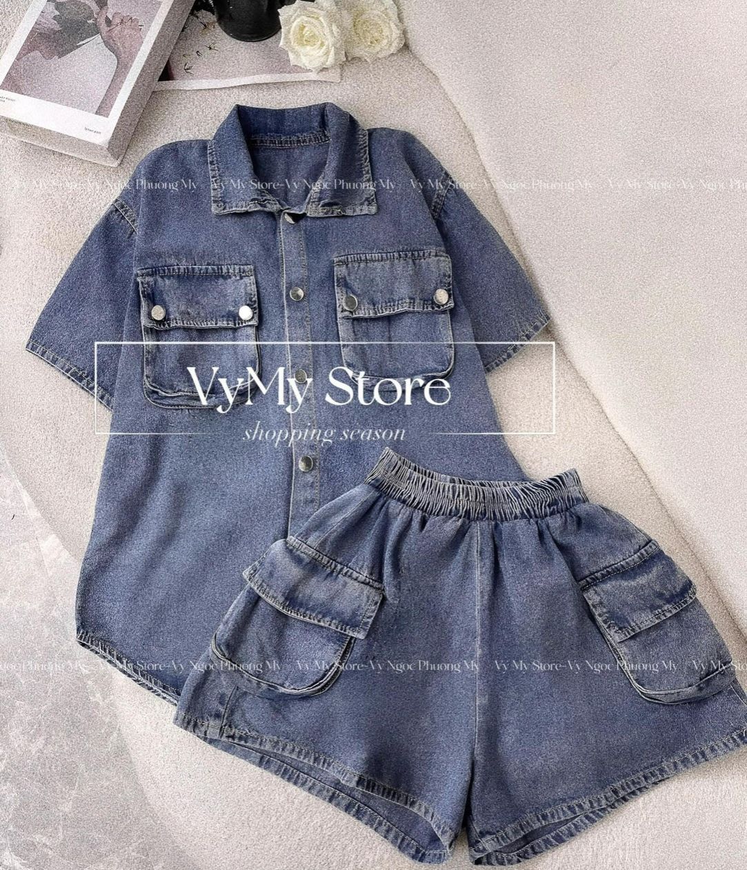 Sét jean áo cổ bèo phối quần đùi hottren mẫu mới lạ trẻ trung ls097292