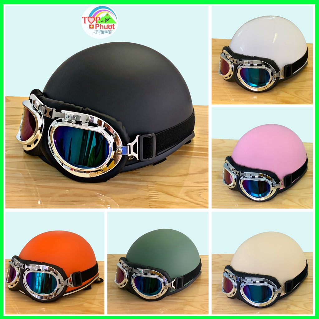  Mũ Bảo Hiểm Nửa Đầu 1 2 Màu Trơn Kèm Kính Phi Công Và KíNh Uv Xốp Ép Nhiệt - Khóa Đỏ Pull Cao Cấp 