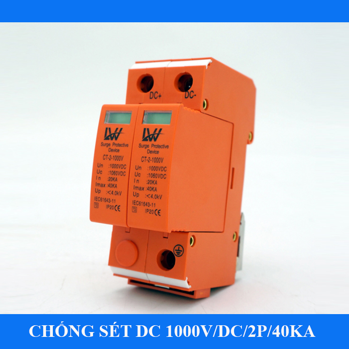Bảo vệ chống sét lan truyền 1000V DC/ 2P 40KA LW chuyên dụng cho hệ thống điện năng lượng mặt trời - chống sét dc 1000v - cb chống sét dc - chống sét lan truyền