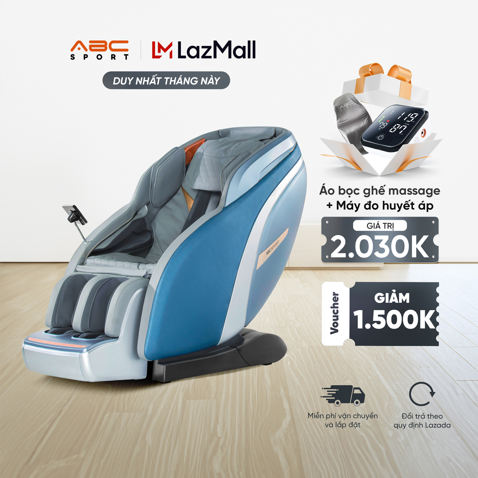 Ghế massage toàn thân ABCSport A8 công nghệ massage 4D PRO, hệ thống túi khí toàn thân co bóp nhịp nhàng, kết hợp 10 bài massage tự động