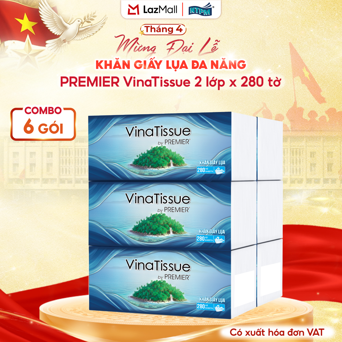 [COMBO 6 GÓI] Khăn giấy lụa đa năng PREMIER VinaTissue, 2 lớp – 100% bột giấy nguyên sinh, không chất tẩy, 280 tờ/gói – Chính hãng