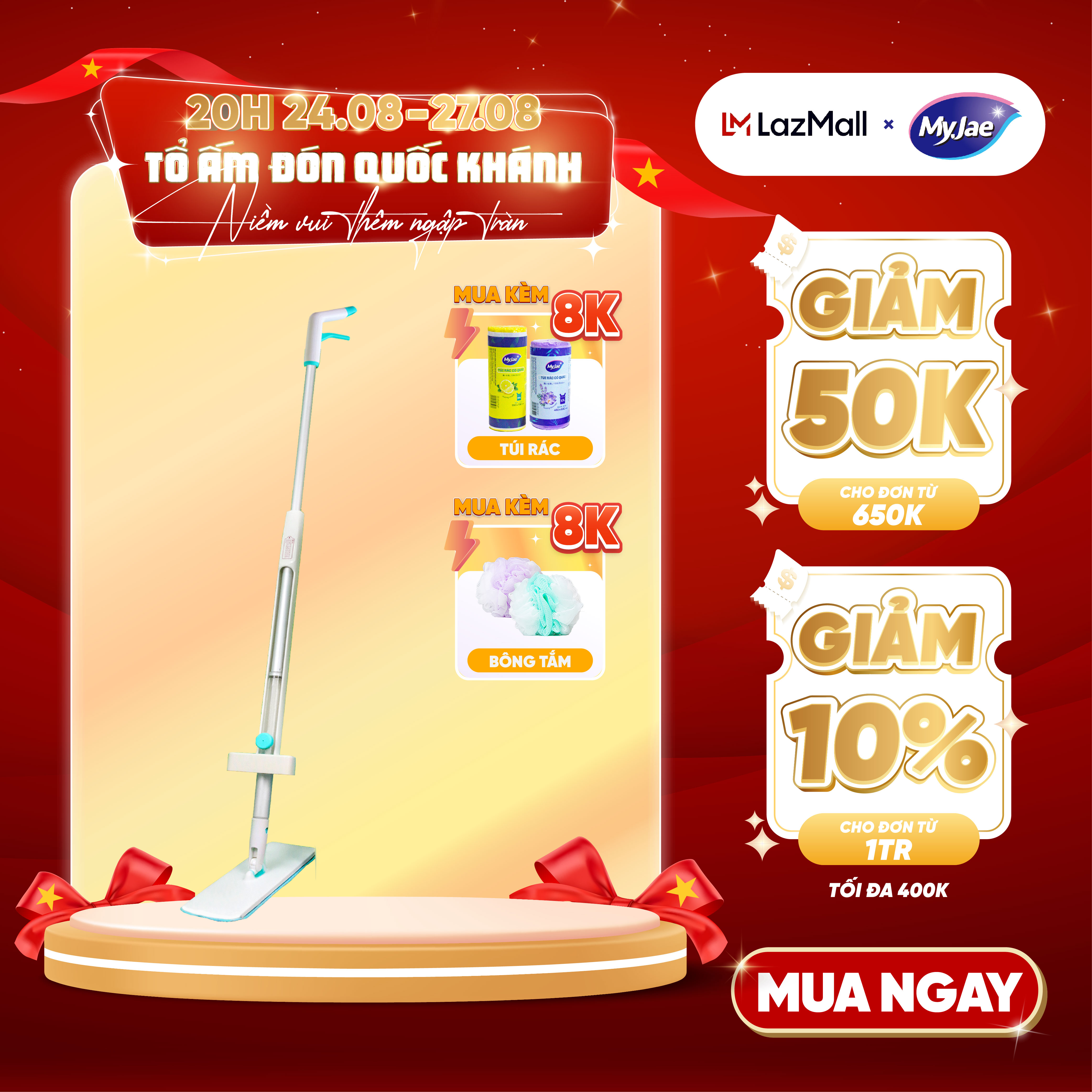 Cây lau nhà MyJae sợi Microfiber tự vắt phun sương xoay 360 độ thông minh 138cm