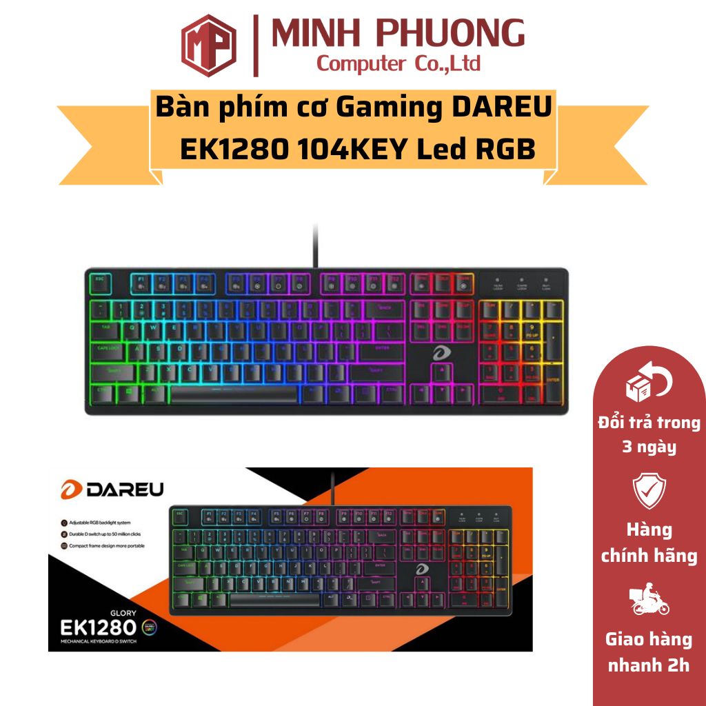 Bàn phím cơ gaming dareu ek1280 104key led rgb - hàng chính hãng