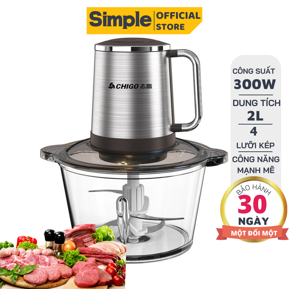 Máy xay thịt đa năng chigo công suất 300w gồm 4 lưỡi kép 2l xay thịt rau củ quả tiện lợi