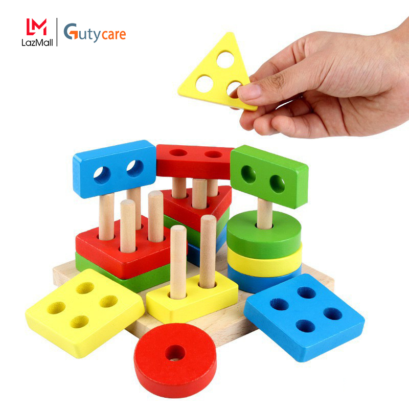 Bộ xếp hình montessori thả khối 4 cọc trụ bằng gỗ - đồ chơi giáo dục đầu đời gỗ, nhiều màu an toàn giúp bé nhận biết màu sắc, hình khối