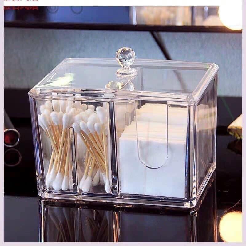 HỘP ĐỰNG BÔNG TĂM, BÔNG TẨY TRANG-Hộp đựng bông tẩy trang và tăm bông 2 ngăn mica cao cấp 14.5 x 10.5 x 13 cm