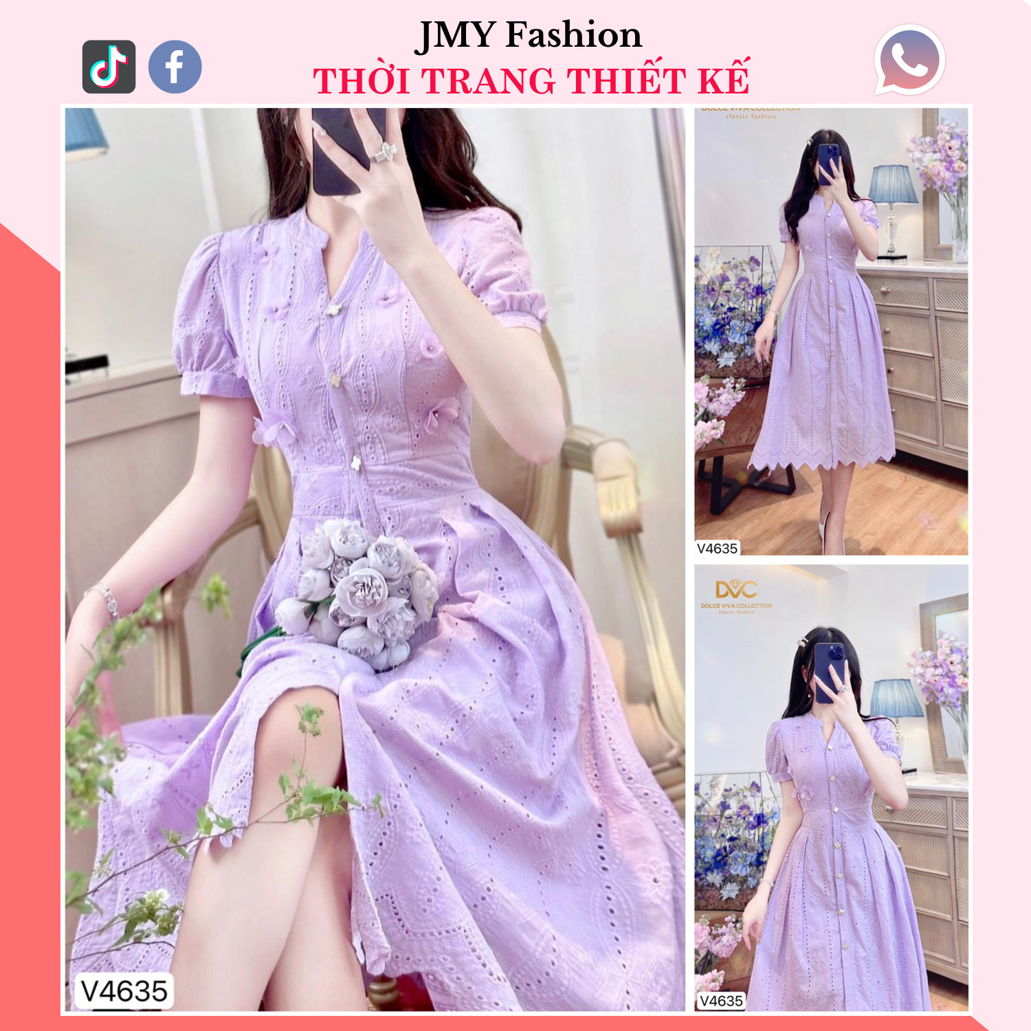 V4635 Váy tím xoè cổ V vintage váy đầm tím thêu hoa nhí tiểu thư