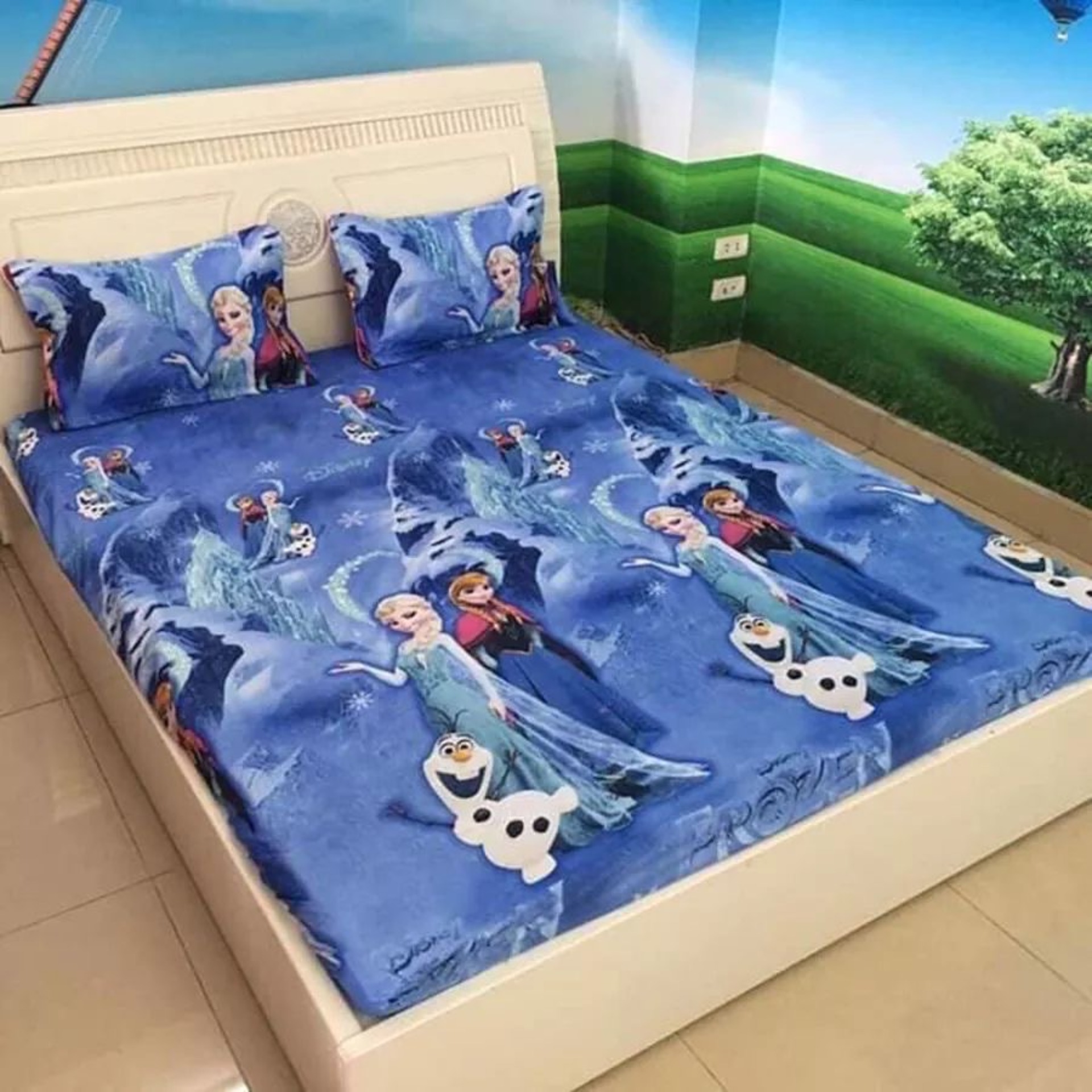 Bộ ga gối cotton Việt công chúa elsa bo chun đủ kích thước