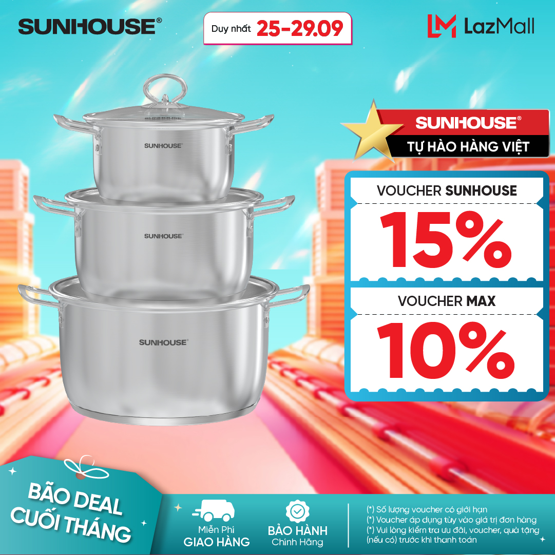 [NEW 2025] Bộ Nồi Inox Đáy 5 Lớp Ứng Dụng Công Nghệ Impact Chính Hãng Sunhouse Healthy SHG788E/SHG788, Phù Hợp Cho Mọi Loại Bếp; An Toàn Cho Người Dùng