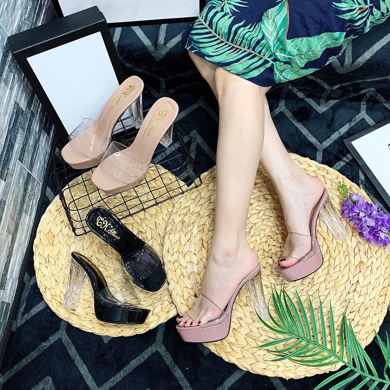 guốc thời trang 12 phân trong suốt meka sang chảnh