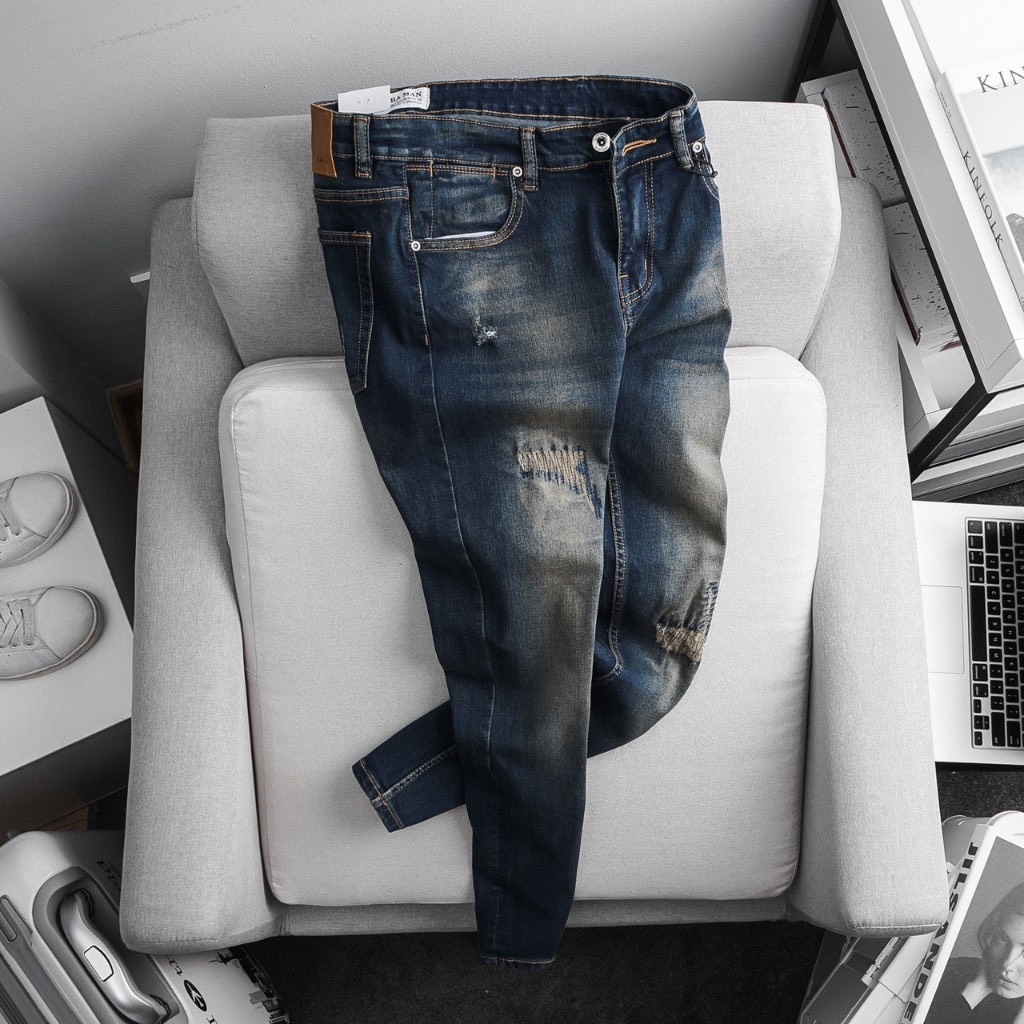 Quần jean nam Jean co giãn nhẹ - form slim fit xanh xước