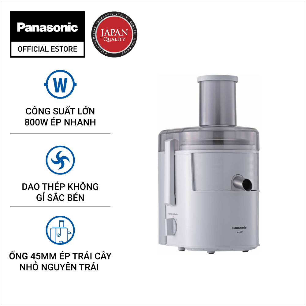 Máy Ép Trái Cây Panasonic MJ-SJ01WRA - Xuất xứ Malaysia - Công suất 800W - Ống tiếp nguyên liệu 75mm - Lưỡi dao thép không gỉ, - Vòi chống nhỏ giọt - Bảo Hành 12 Tháng - Hàng Chính Hãng