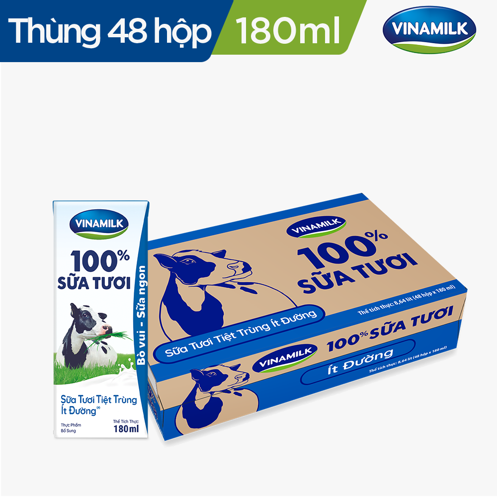 Sữa tươi tiệt trùng Vinamilk 100% ít đường - Thùng 48 hộp 180ml
